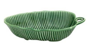 The HIVE Leaves Bowl is a green ceramic handmade leaf-shaped dish with white stripes and a loop handle. Part of our Leaves Collection, it's ideal as a small serving bowl or decorative accent.