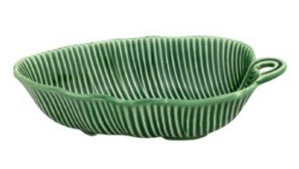 The Bordallo Pinheiro Leaves Small Bowl, from the Leaves Collection, features a green ribbed ceramic design with a convenient handle, perfectly shaped like a leaf for serving appetizers.