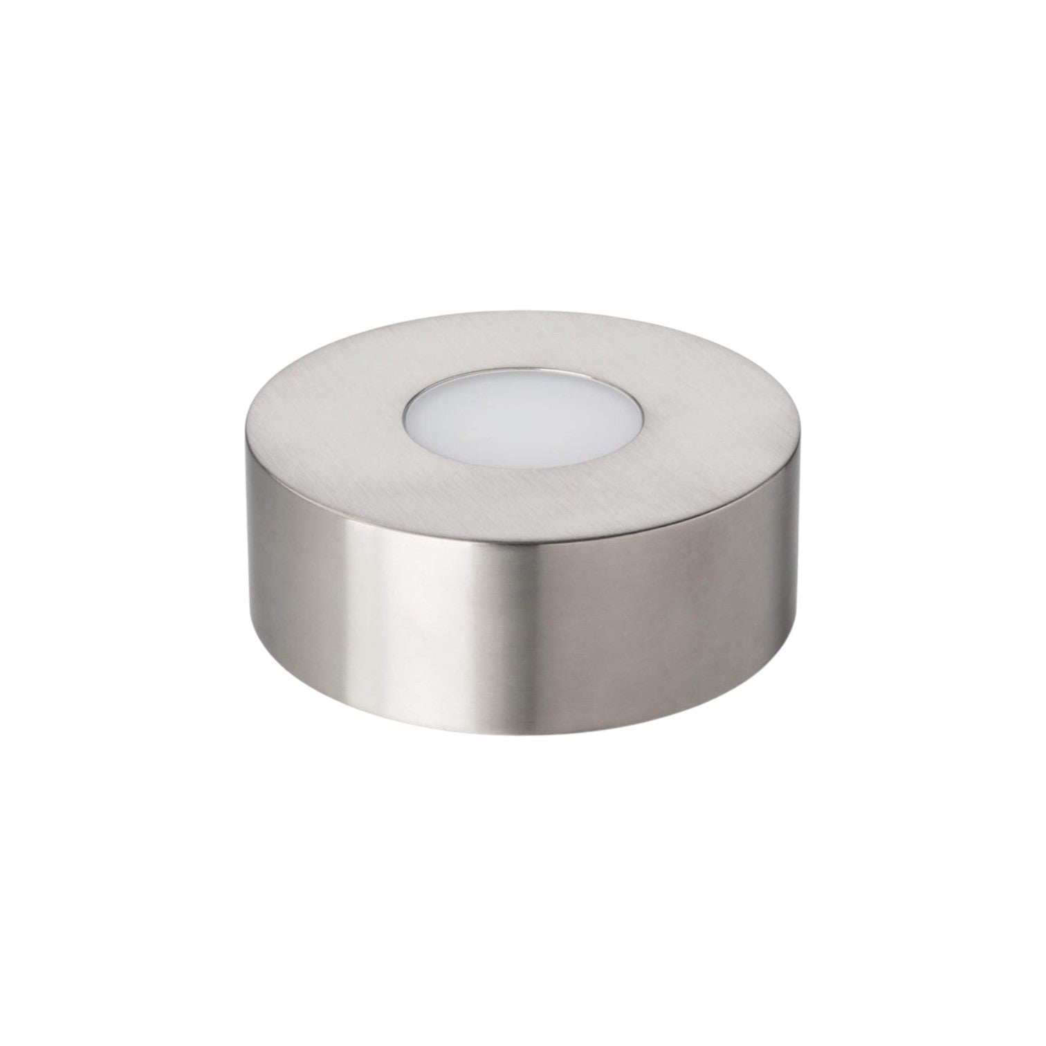 The Simon Pearce Illumination Base is a round, brushed metal LED puck light with a white center for surface mounting, perfect for lighting display platforms; pictured on a plain white background.