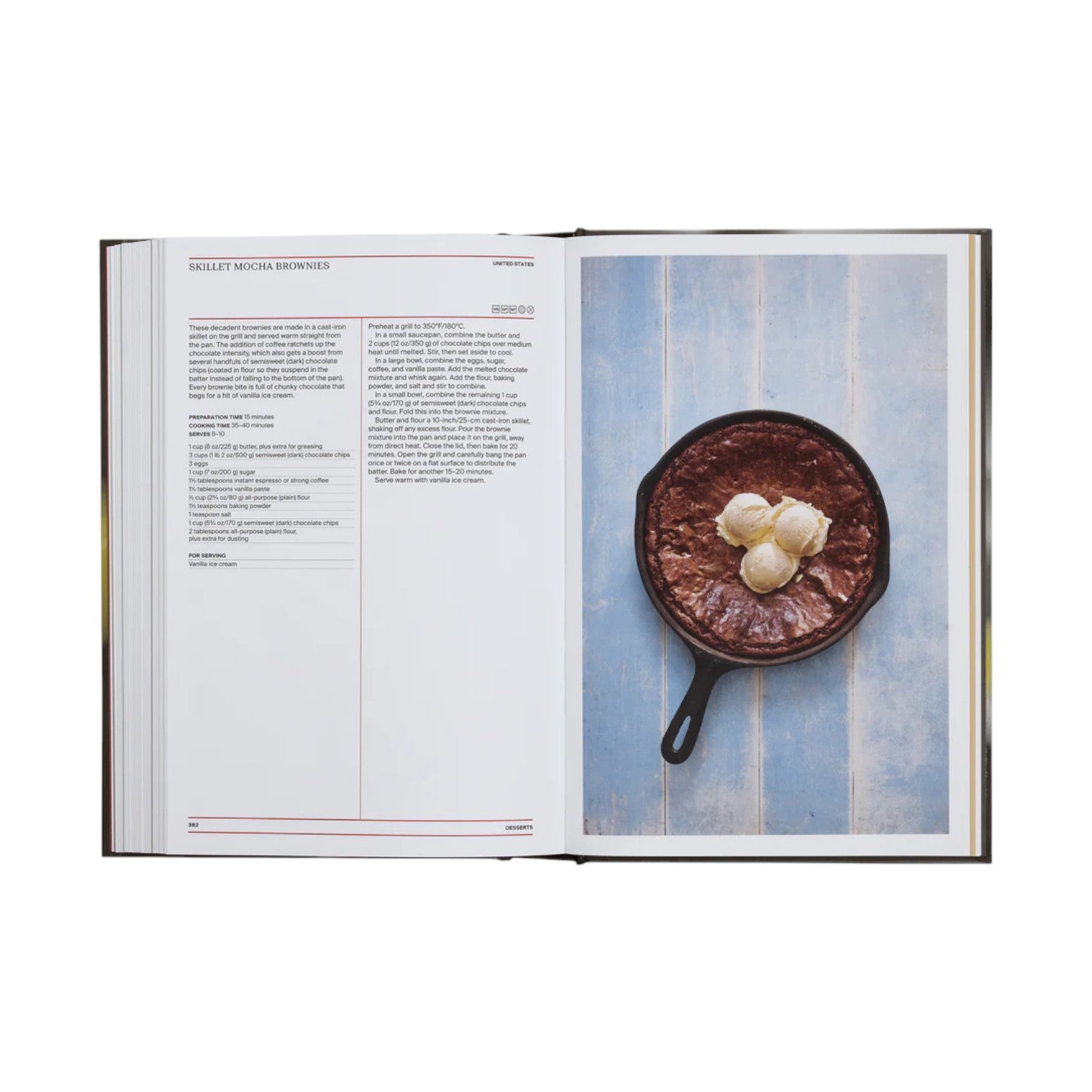 The Phaidon Barbecue Cookbook features a skillet mocha brownies recipe with a photo of brownies in cast iron topped with ice cream—an ideal dessert to complete any barbecue feast.