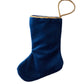 Bauble Stockings' Light the Menorah Stocking, featuring blue velvet with golden trim and a loop handle, reminiscent of heirloom stockings, displayed on a white background.
