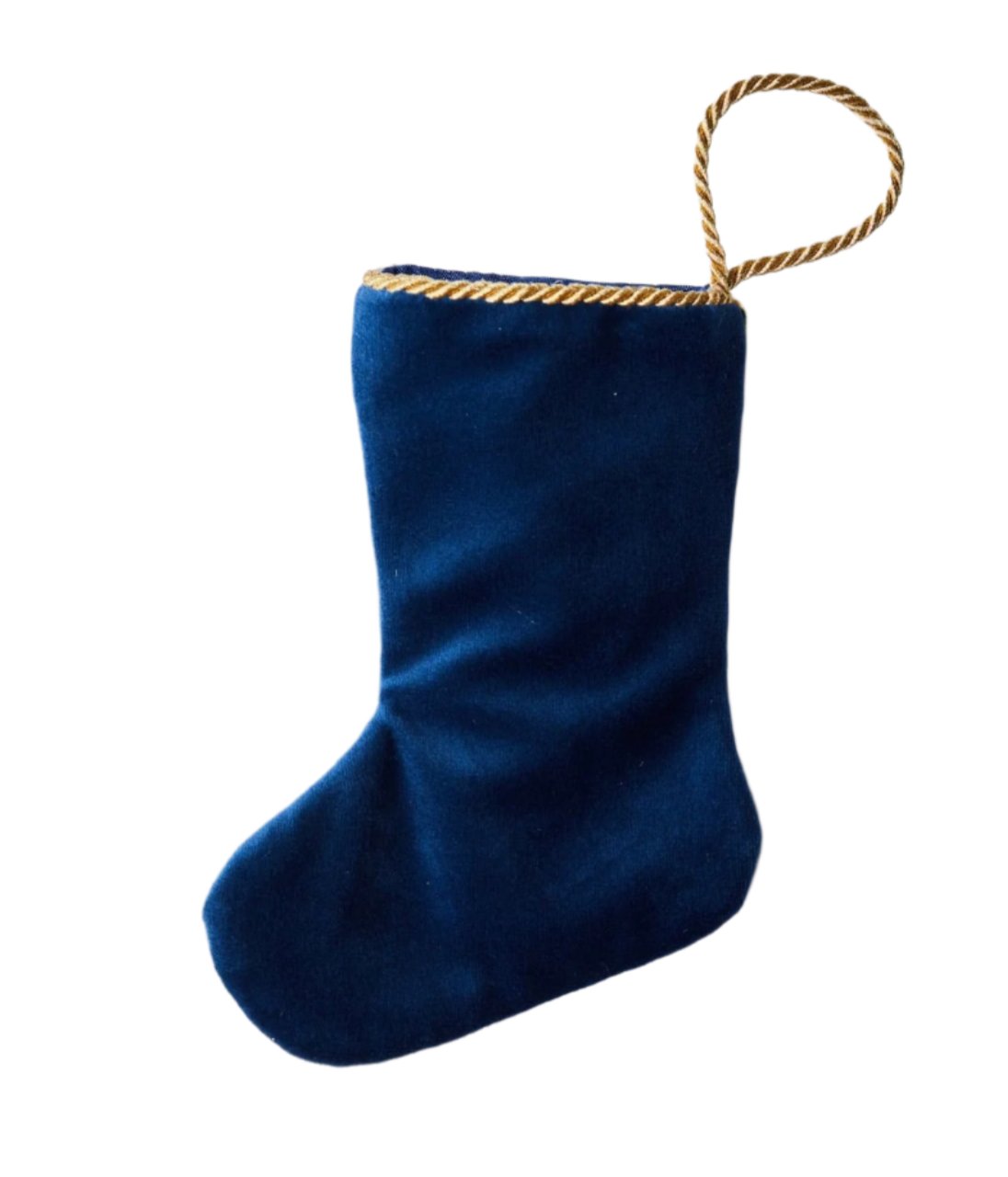 Bauble Stockings' Light the Menorah Stocking, featuring blue velvet with golden trim and a loop handle, reminiscent of heirloom stockings, displayed on a white background.