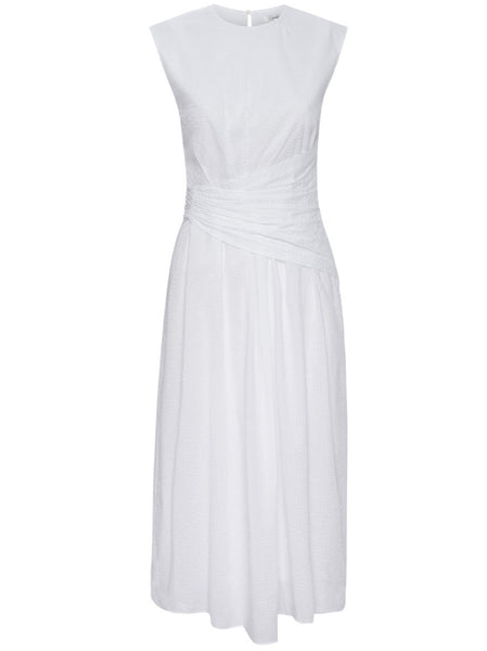 Frame sleeveless white asymmetric midi dress with a draped waist detail.