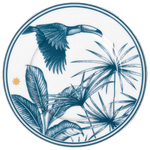 The Furstenberg Paraiso Blue Collection plate features a blue toucan flying above tropical plants and a small gold star near the edge, crafted from high-quality materials.