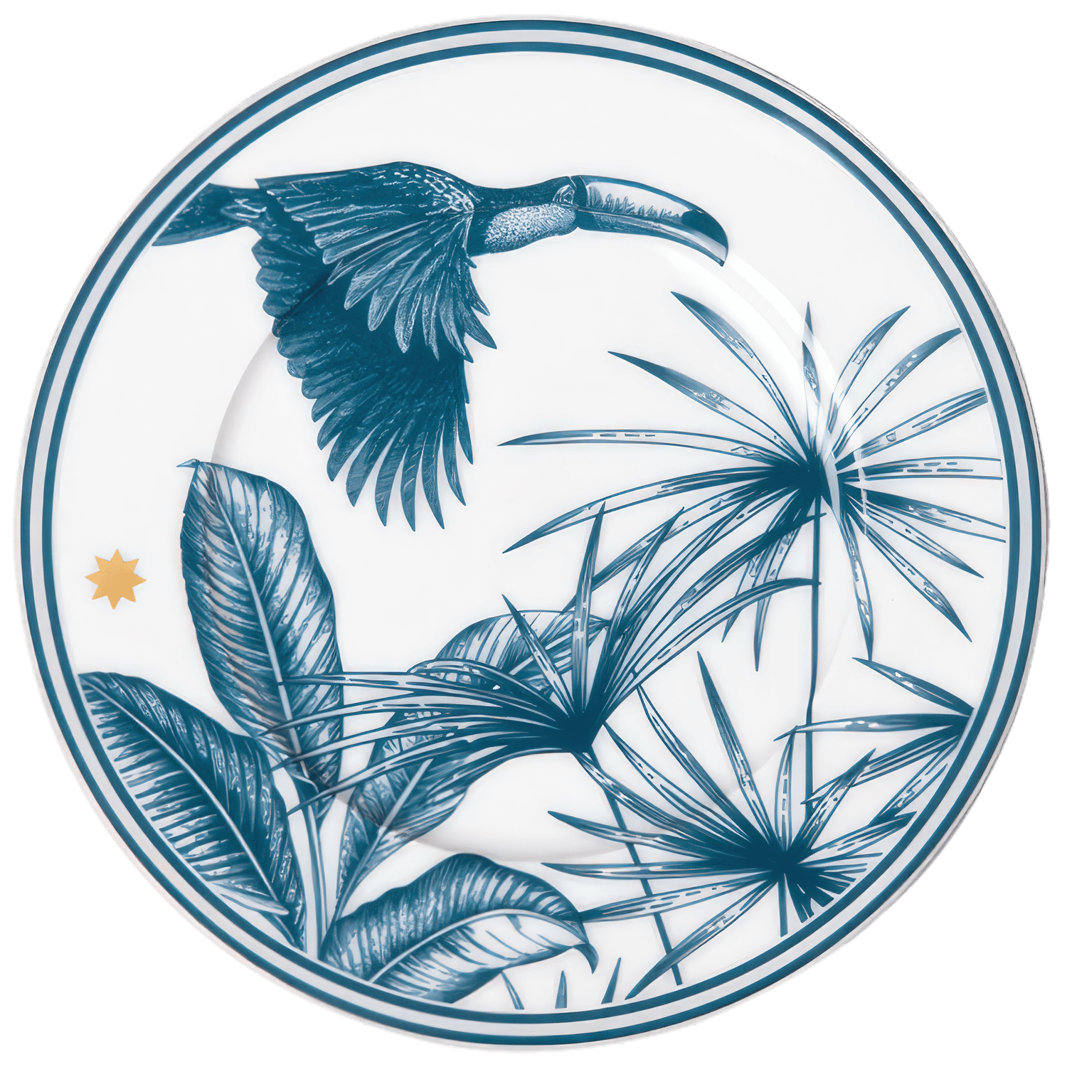 The Furstenberg Paraiso Blue Collection plate features a blue toucan flying above tropical plants and a small gold star near the edge, crafted from high-quality materials.