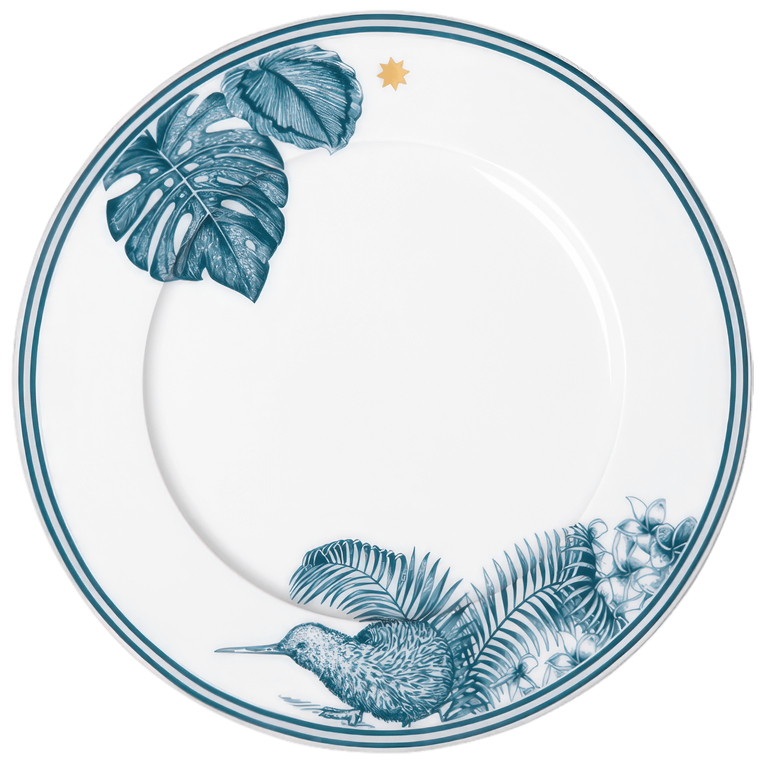 The Paraiso Blue Collection plate by Furstenberg features blue tropical leaves, flowers, a kiwi bird, and a gold star near the rim—expertly crafted from high-quality materials for elegant tableware with exceptional artistry.