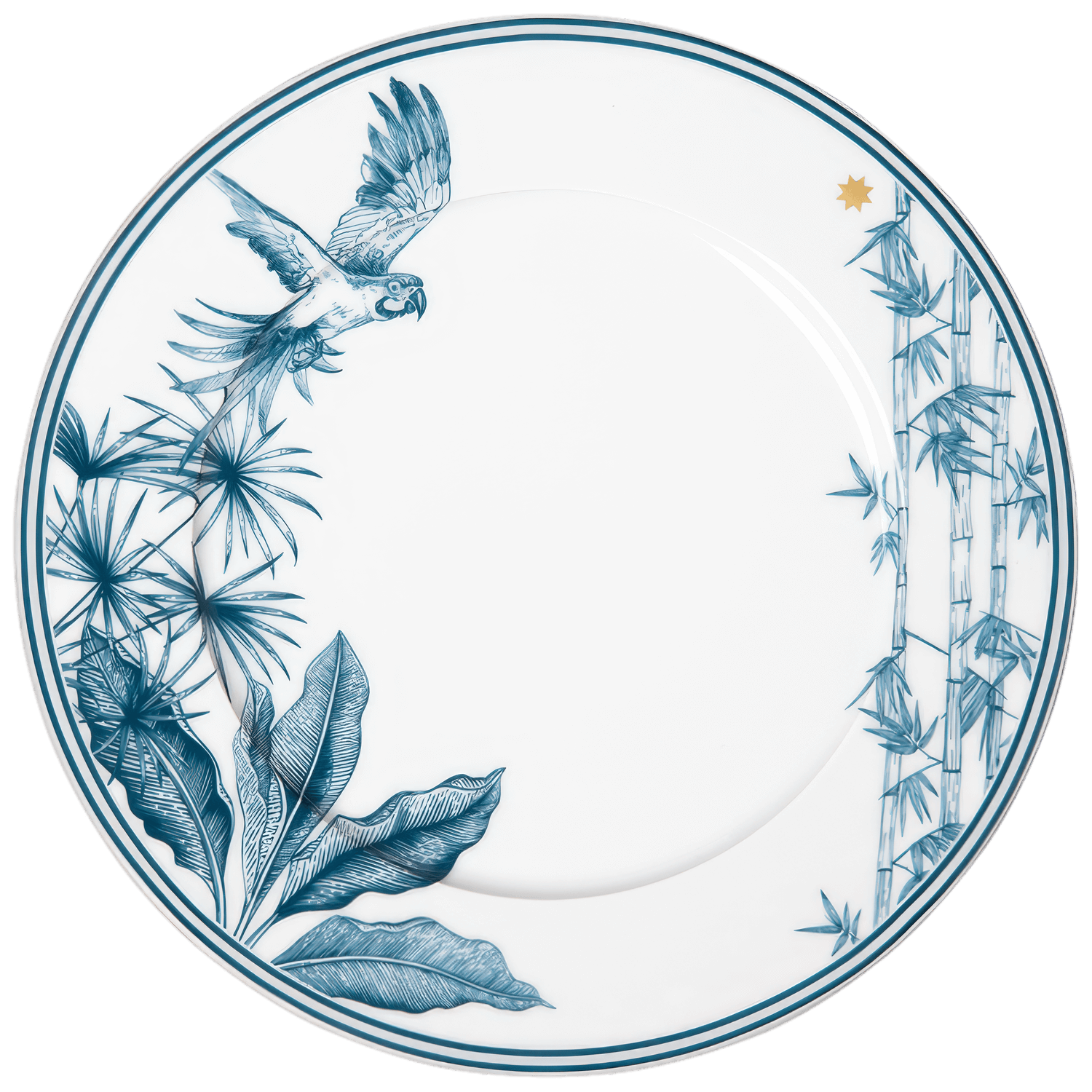 The Paraiso Blue Collection round white plate by Furstenberg features blue illustrations of a flying parrot, tropical leaves, bamboo, and a gold star near the edge—an elegant piece showcasing exquisite craftsmanship.