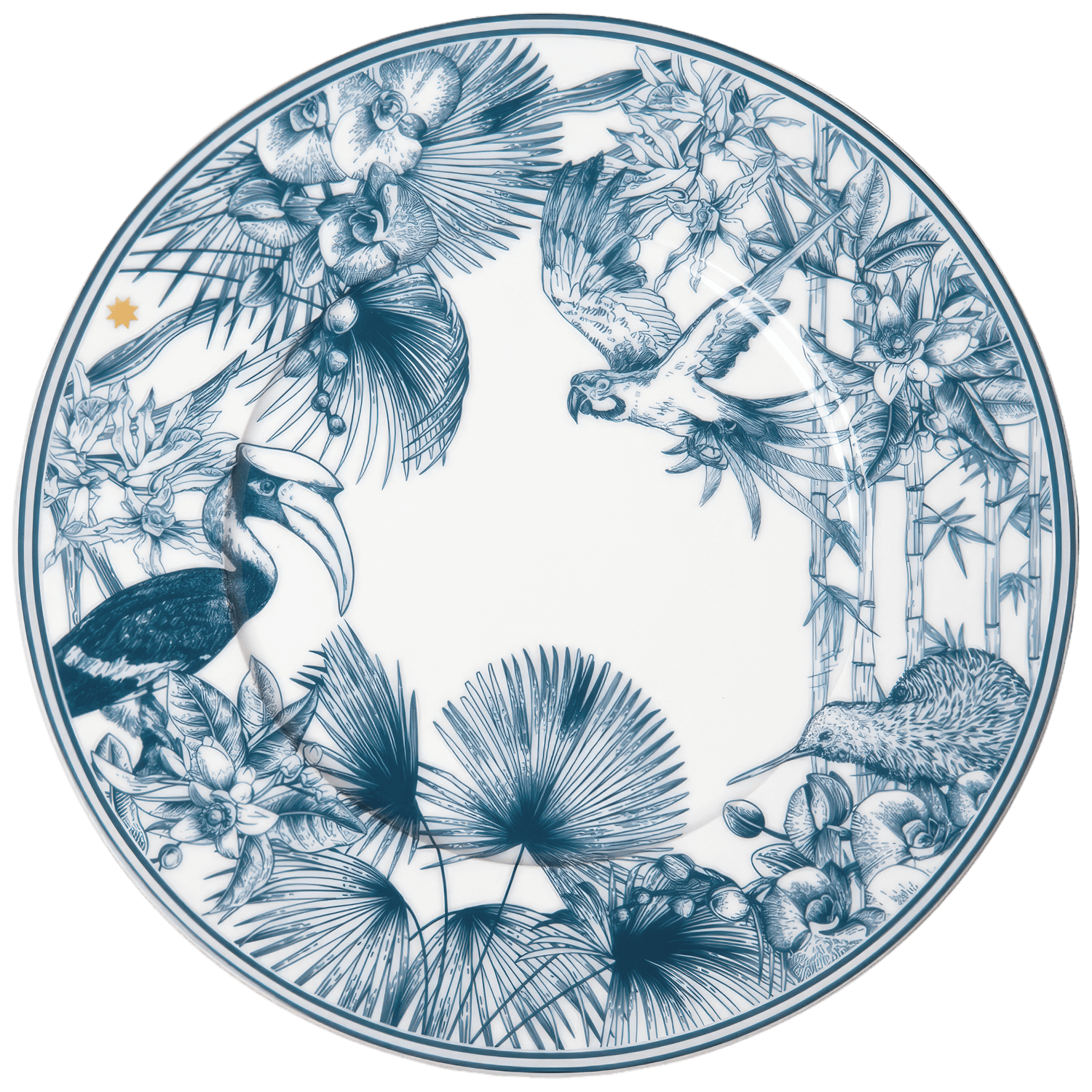 The Paraiso Blue Collection by Furstenberg features a round ceramic plate with blue tropical birds, palm leaves, flowers, and an orange star near the edge—a beautifully crafted piece with a white center.