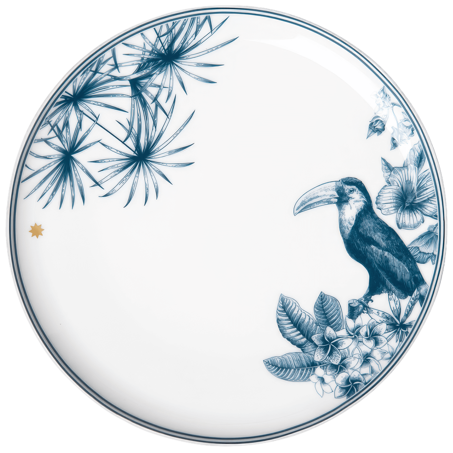 The Paraiso Blue Collection by Furstenberg features a round white plate adorned with blue toucan, leaf, and flower illustrations on the edge plus a gold star—an elegant piece of tableware crafted with high-quality materials.