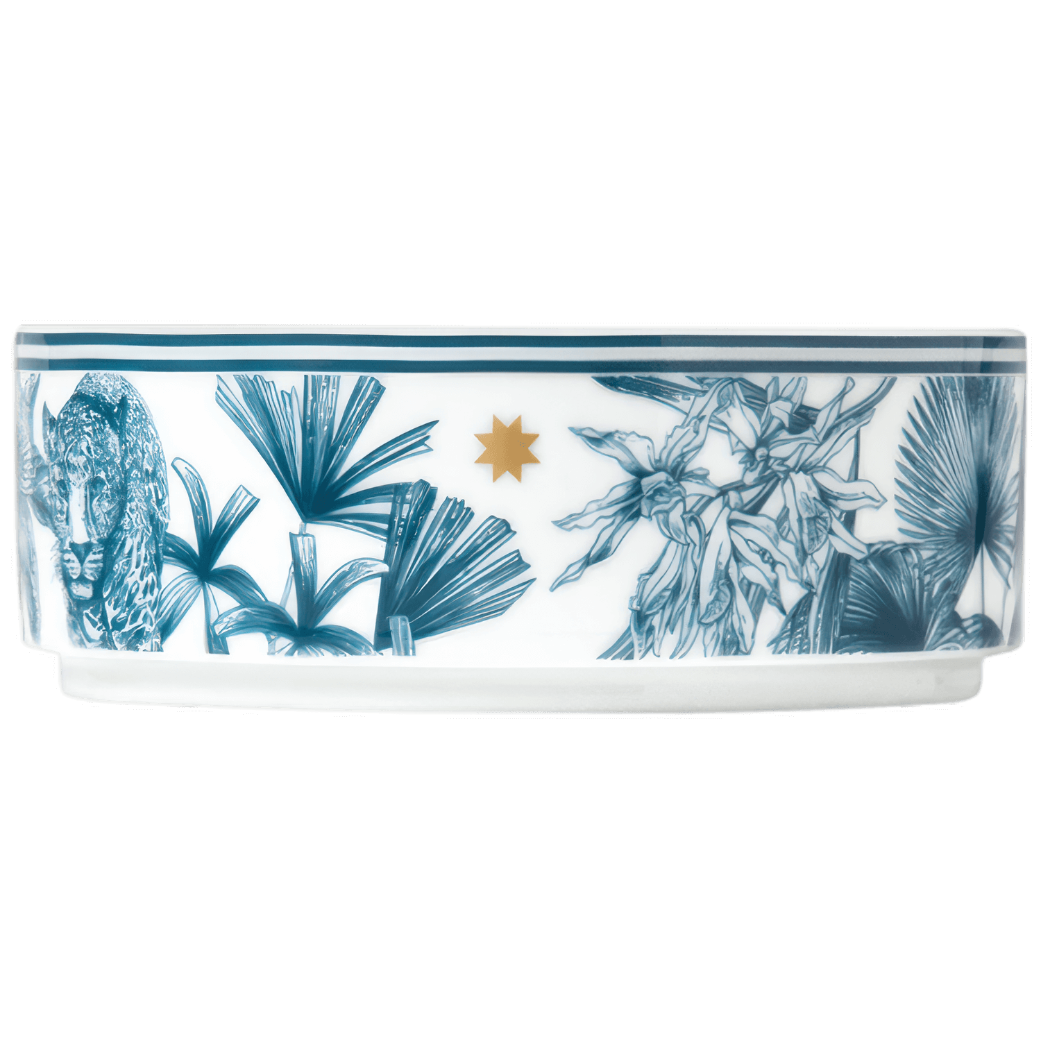 The Paraiso Blue Collection bowl by Furstenberg is crafted from fine white ceramic, adorned with blue botanical and animal motifs—like a leopard, palm leaves, and a gold star—highlighting exquisite artistry in tableware.