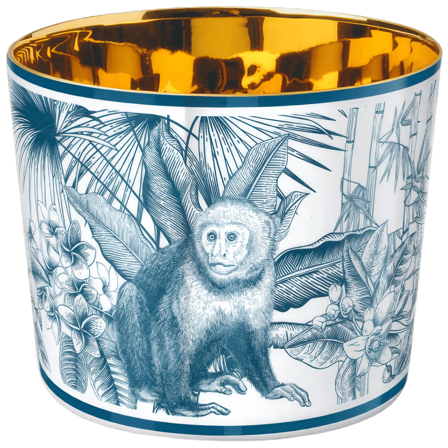 The Paraiso Blue Collection by Furstenberg features a cylindrical container with a gold interior and exquisite craftsmanship, adorned with a detailed blue monkey and tropical leaves on a white background.
