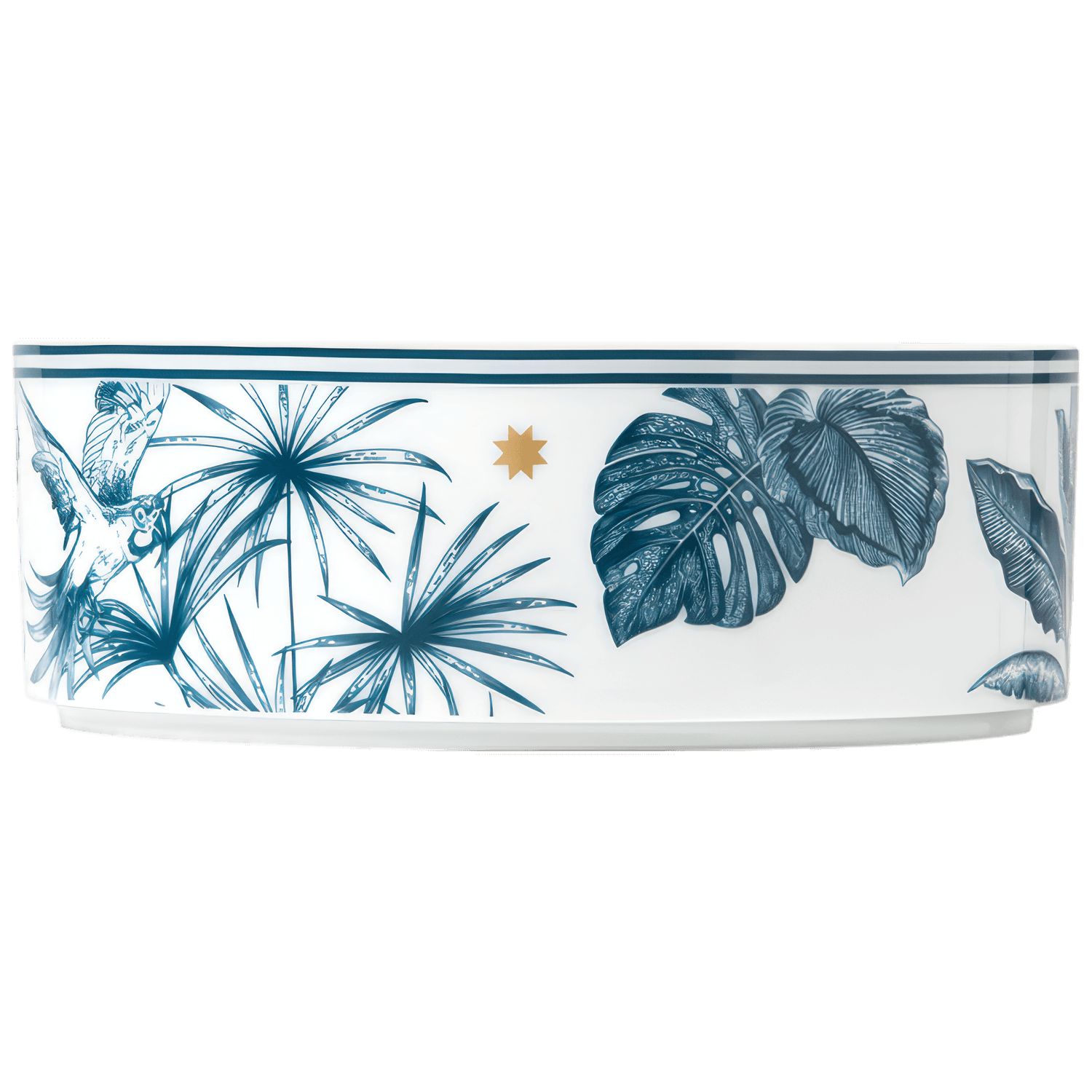 The Furstenberg Paraiso Blue Collection bowl features blue tropical leaf and parrot designs, a thin blue rim, and a gold star—an elegant ceramic piece that highlights exceptional craftsmanship.