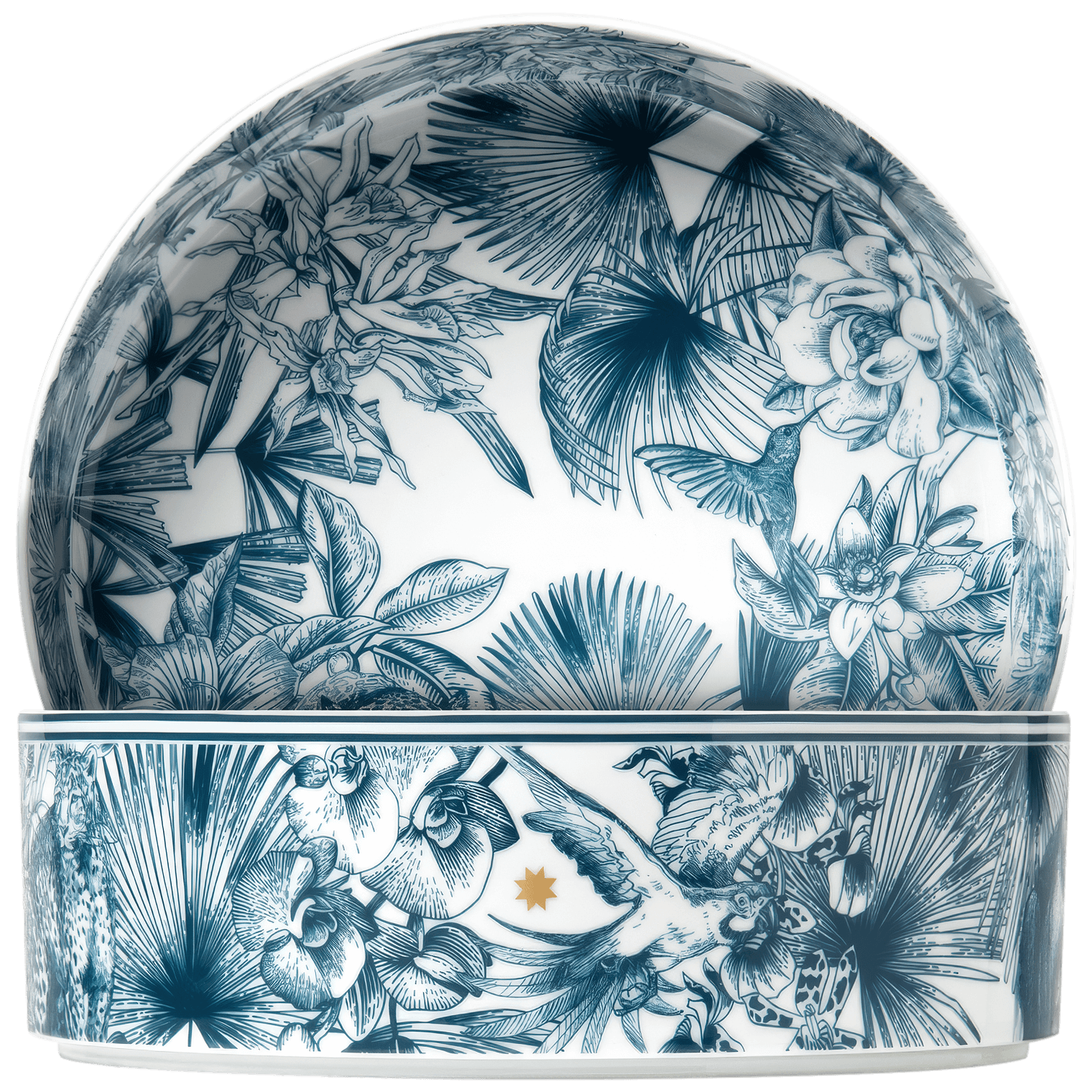 The Paraiso Blue Collection bowl by Furstenberg features intricate blue botanical and bird motifs on fine porcelain, accented with a gold star at the center—a true showcase of exceptional tableware craftsmanship.