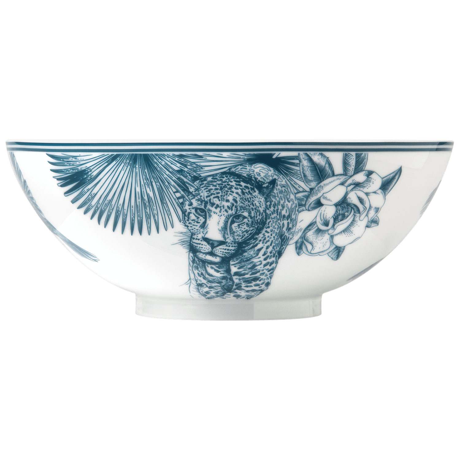 The Paraiso Blue Collection bowl by Furstenberg features blue leopard, flower, and palm leaf illustrations on white ceramic—an example of fine tableware crafted with premium materials and careful attention to detail.