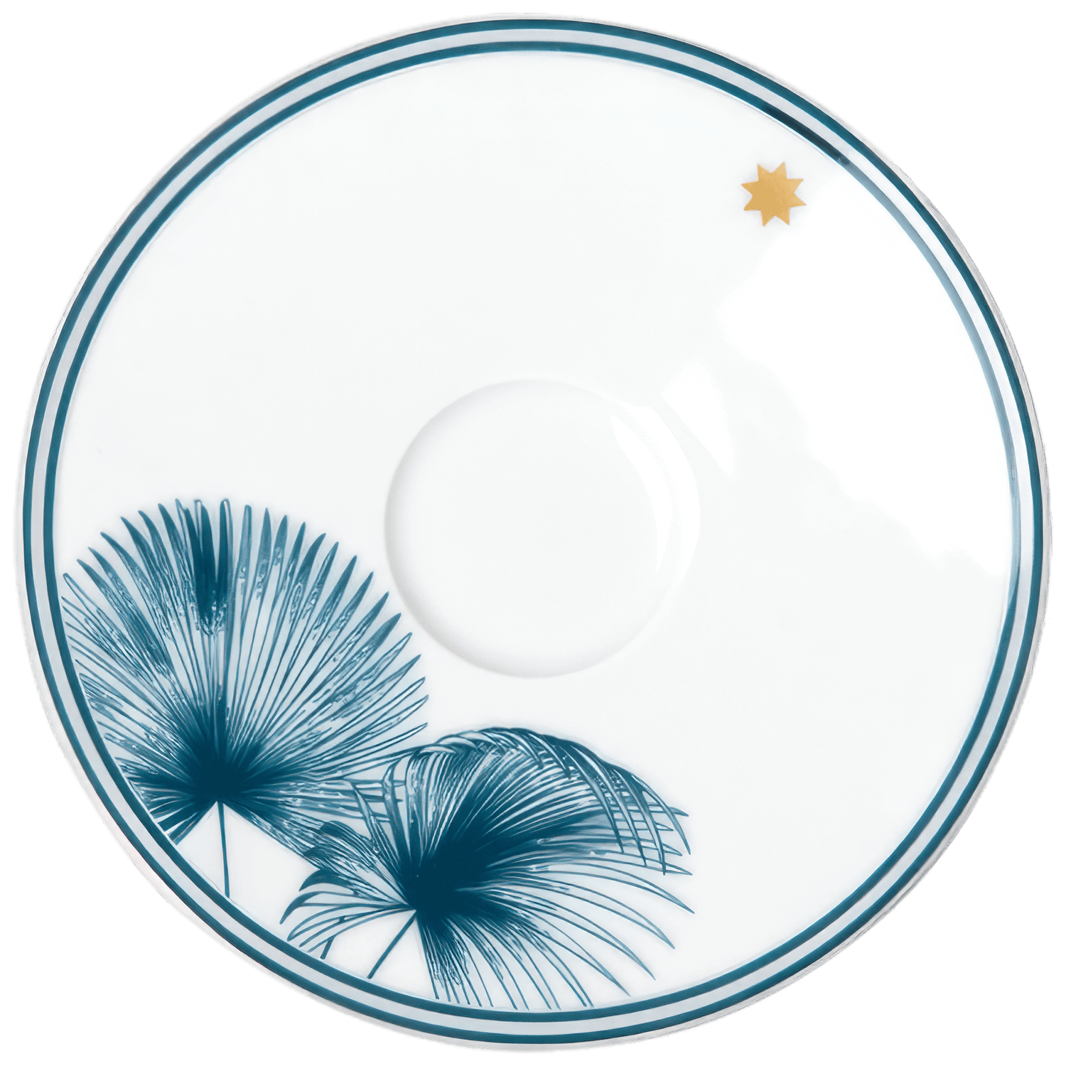 The Paraiso Blue Collection by Furstenberg features a white porcelain saucer with a blue palm leaf design, a small gold star near the rim, and double blue lines along the edge—highlighting exquisite tableware craftsmanship.