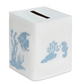 Deep Water Fish Bath Collection white square Italian linen tissue box cover embroidered with blue coral, a fish, and a seahorse.