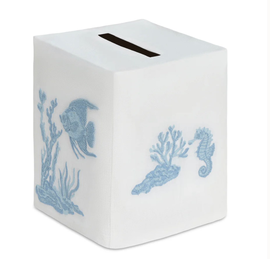 Deep Water Fish Bath Collection white square Italian linen tissue box cover embroidered with blue coral, a fish, and a seahorse.