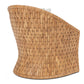 The Indra Lounge Chair by Made Goods features a high backrest and woven rattan design, shown here from the rear.