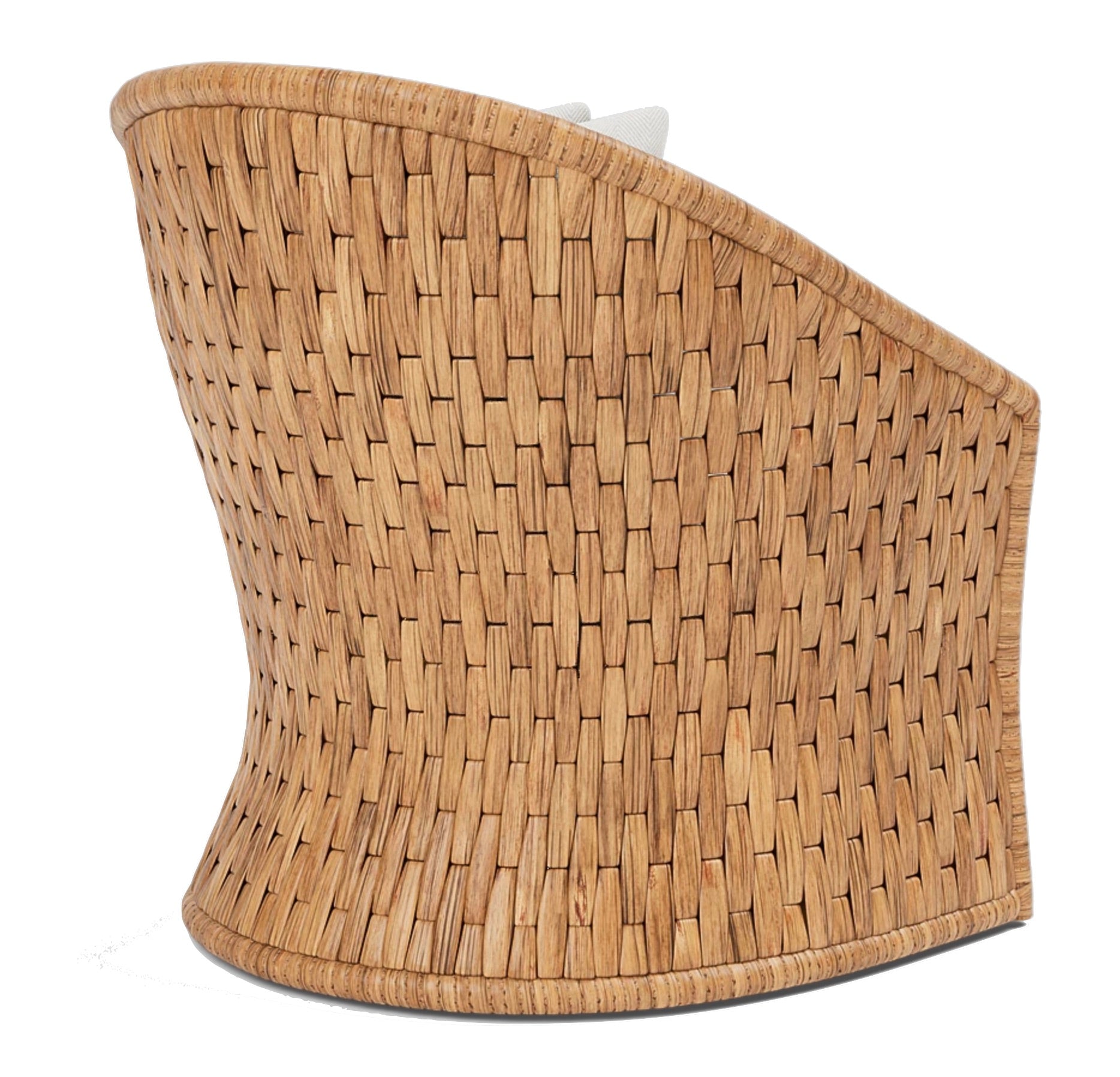 The Indra Lounge Chair by Made Goods features a high backrest and woven rattan design, shown here from the rear.