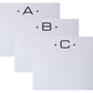 The Black Initial Large Notepad by Black Ink features three white cards labeled A, B, and C with black dots flanking each letter, crafted from quality paper and arranged in a stylish, overlapping staggered layout.