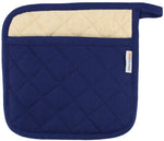 The MUkitchen Pot Holder Collection features a blue quilted cotton pot holder with a beige inner lining and a small hanging loop on the top right corner.