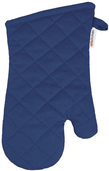 A blue quilted cotton oven mitt from the MUKitchen Oven Mitt Collection by MUkitchen, with a soft terry lining and a loop tag for hanging.
