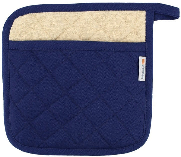 A blue quilted pot holder with a beige fabric insert and a hanging loop on one corner. Featuring a soft terry lining, it also has a small label on the side with the text "MUKitchen Pot Holder Collection by MUkitchen.