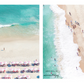 Two aerial views of a beach from the Bespoke x Gray Malin Mahjong Collection featuring turquoise water, white sand, and rows of colorful umbrellas and sunbathers in the style of Gray Malin.