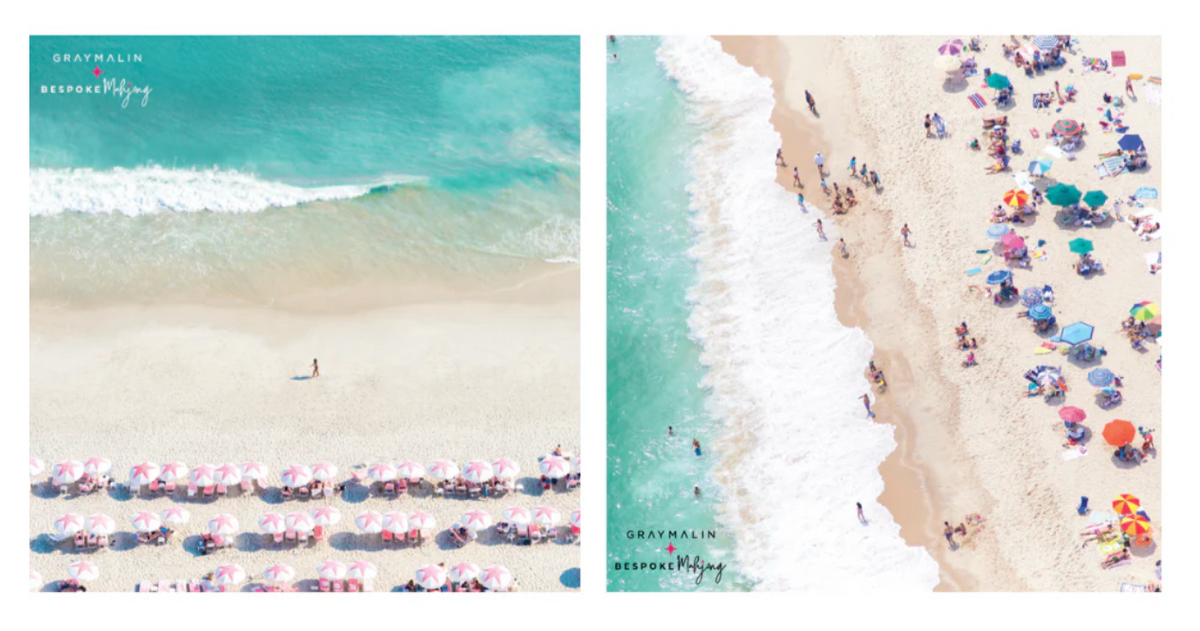 Two aerial views of a beach from the Bespoke x Gray Malin Mahjong Collection featuring turquoise water, white sand, and rows of colorful umbrellas and sunbathers in the style of Gray Malin.