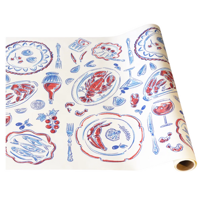 The Hester & Cook Seaside Party Runner features red and blue seafood illustrations on white—ideal as nautical table decor or a festive table runner for your seaside celebration.