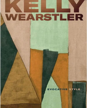 Book cover for “Kelly Wearstler Evocative Style” by Penguin Random House features abstract geometric shapes in green, tan, and brown. The title “Kelly Wearstler” appears in large text, with “Evocative Style” in smaller text below. Inspired by her acclaimed luxury interiors, the design conveys a refined sense of elegance and creative boldness.