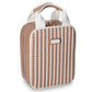 Introducing the Marbella Mocha Travel Collection by Stephanie Johnson: a beige and white rectangular zippered bag featuring a textured front pattern, white handles, and a small metal brand plate on the front—perfect as a stylish mini pouch or makeup bag for everyday use or travel.