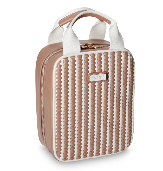 Introducing the Marbella Mocha Travel Collection by Stephanie Johnson: a beige and white rectangular zippered bag featuring a textured front pattern, white handles, and a small metal brand plate on the front—perfect as a stylish mini pouch or makeup bag for everyday use or travel.