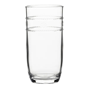 A clear, tall glass with two decorative ridges near the top—a perfect piece from Juliska’s Isabella Clear Acrylic Drinkware Collection for the adventurous entertainer.