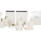 The Arles Bath Collection by Pigeon & Poodle—featuring white faux horn accessories like a tissue box, soap dispenser, tray, toothbrush holder, and soap dish—beautifully arranged on a white background.