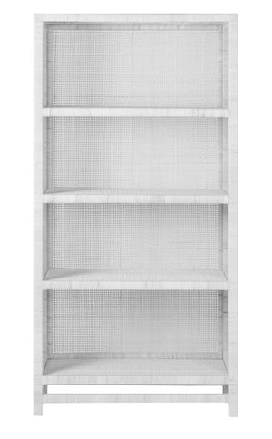 The Isla Bookcase in White Rattan by Made Goods offers a minimalist yet stylish storage solution with four shelves and a textured back panel.
