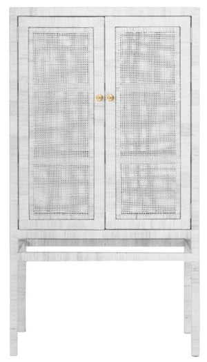 Isla Standing Cabinet Collection by Made Goods, with two mesh-paneled doors and a simple, raised base featuring natural peeled rattan.