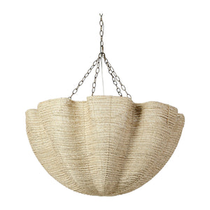 The Isla Chandelier by PALECEK features a clam shell-shaped woven design, suspended by three metal chains from a central hook, and finished with subtle antique gold accents for an elegant touch.