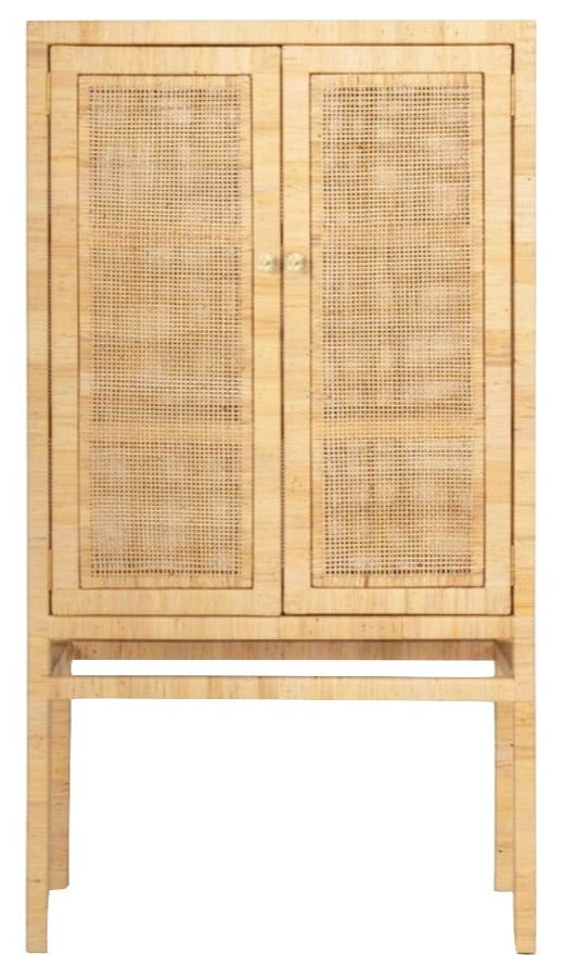 A light wooden Isla Standing Cabinet Collection with two cane webbing doors and a simple four-legged base, isolated on a white background. (Made Goods)