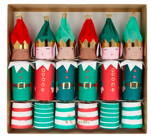 The Meri Meri Elf Large Crackers box includes six festive crackers decorated as elves in red and green with gold crowns, perfect for adding holiday cheer to your Christmas table.