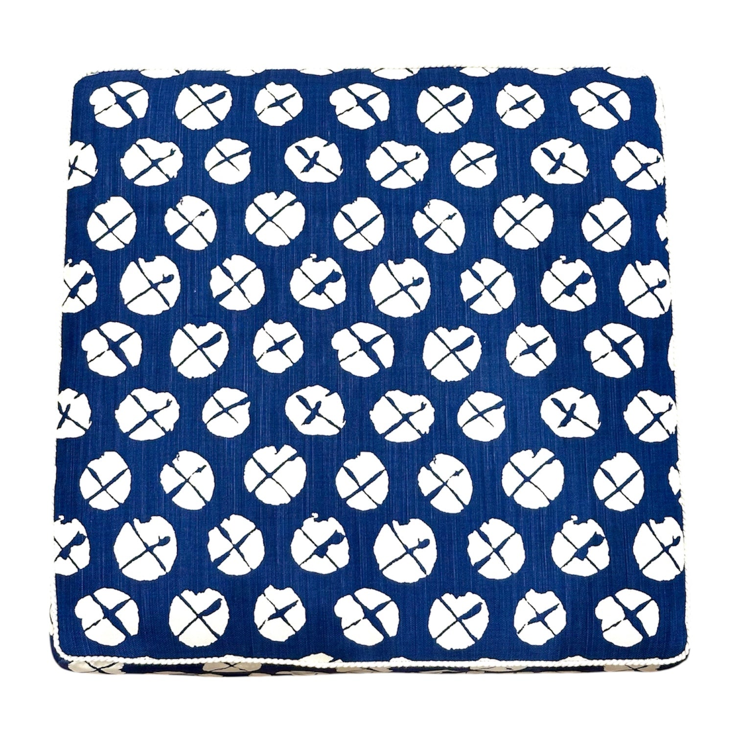 A square cushion with a blue background and a white geometric pattern, ideal for accent seating or pairing with your favorite Lee Industries X Ottoman.