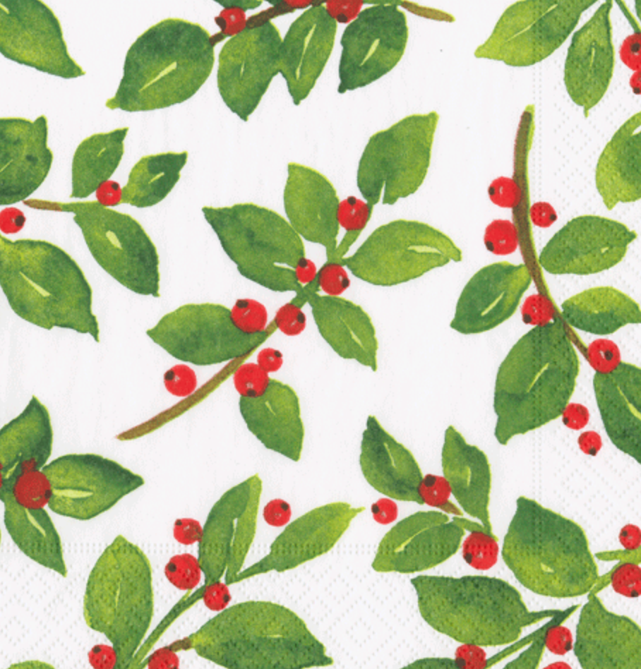 The Painted Holly White Collection by Caspari features green leaves and red berries on white, ideal for festive table settings or party supplies to brighten any holiday gathering.