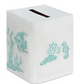 Deep Water Fish Bath Collection square premium linen tissue box cover in white, embroidered with light green aquatic designs including fish, a seahorse, and seaweed.