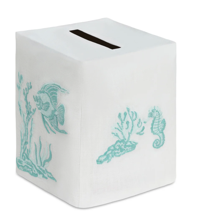Deep Water Fish Bath Collection square premium linen tissue box cover in white, embroidered with light green aquatic designs including fish, a seahorse, and seaweed.