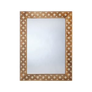 The Izan Rectangular Mirror by Made Goods features a mango wood frame with white floral-like inlays, adding elegance and charm to any space.