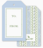 Two Christine’s Vine Gift Tags: one light blue with “TO:” and “FROM:” text, and one patterned with green vines and blue specks.