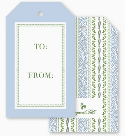 Two Christine’s Vine Gift Tags: one light blue with “TO:” and “FROM:” text, and one patterned with green vines and blue specks.