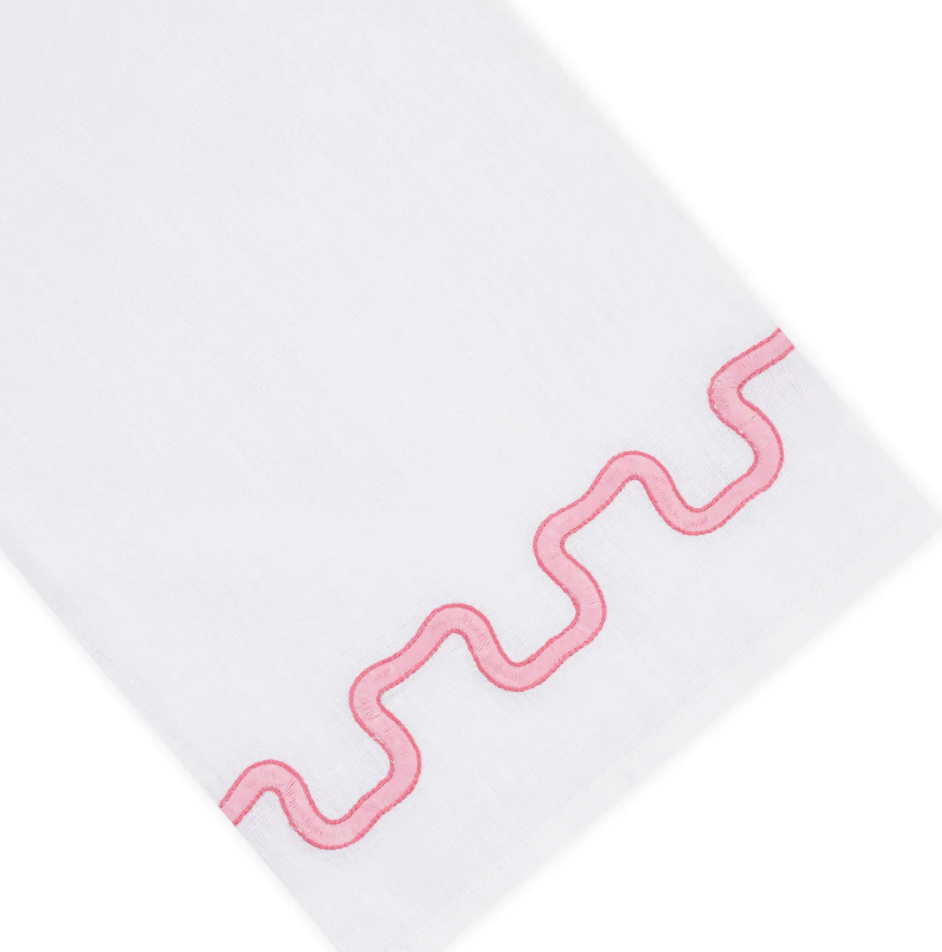 White premium linen Waverly Bath Accessories towel featuring a pink embroidered wavy line design.