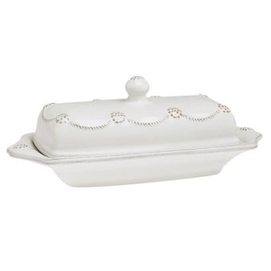 The Juliska Berry & Thread Classic Whitewash Butter Dish features a white ceramic design with a rectangular lid, ornate beaded detailing, and a knob handle.