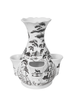The Flint Grey Country Estate Tulipiere Vase by Juliska features a central neck with five smaller openings around the base, crafted in porcelain with grey landscape and nature illustrations in a floral aesthetic.